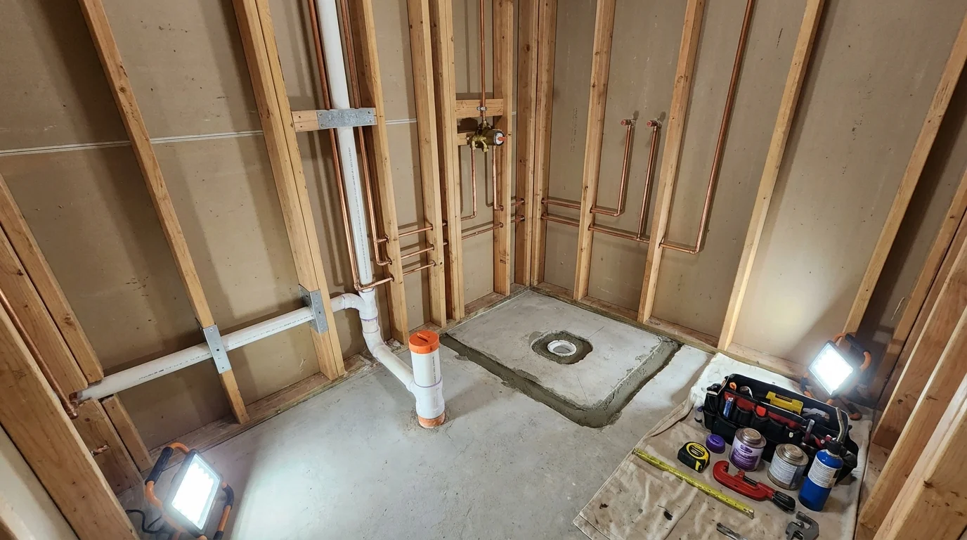 Bathroom rough-in plumbing during remodel by Johns Plumbing LLC in Hallsville