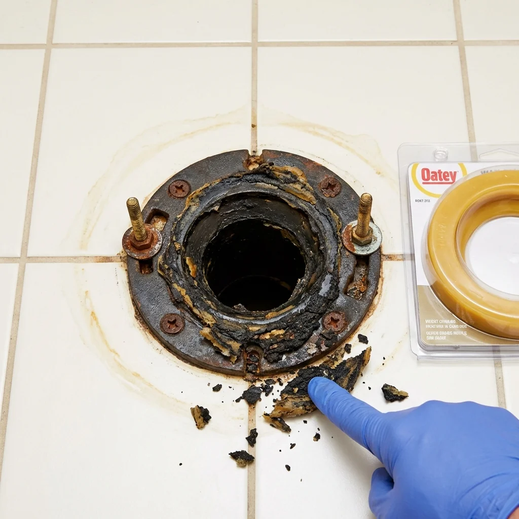 Failed wax ring showing water seepage at the base of a toilet in a Hallsville, TX home