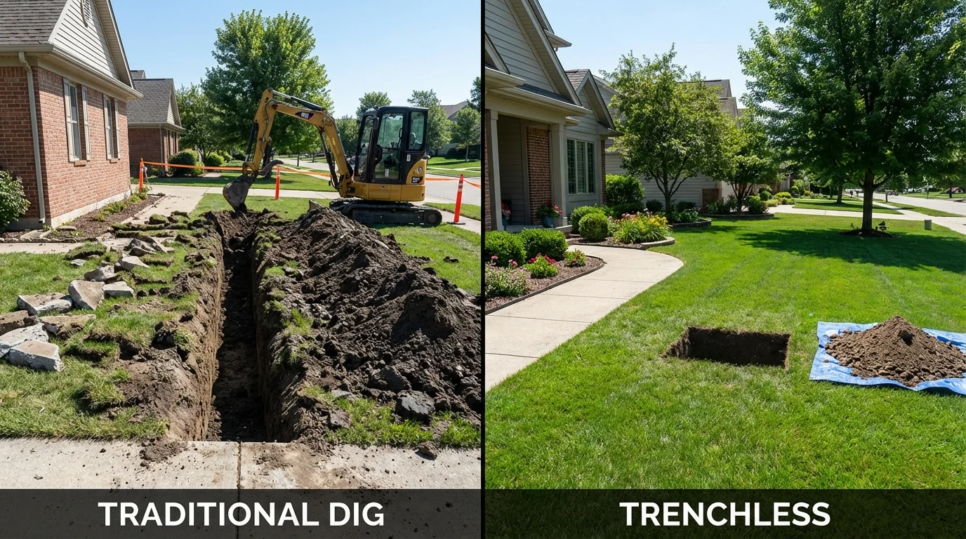 Trenchless sewer repair with minimal yard damage versus traditional excavation in Hallsville, TX