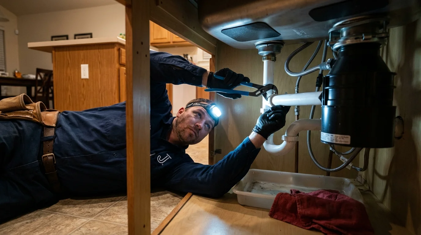 P-trap and supply line connections under a kitchen sink showing a common leak point in Hallsville, TX